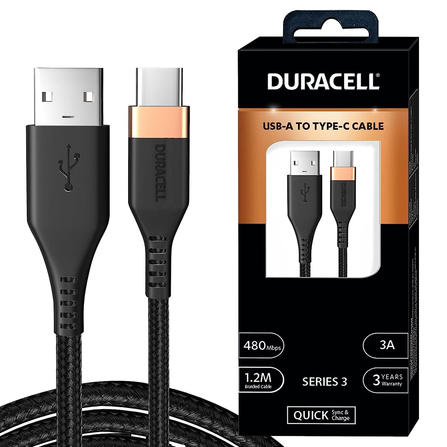 Duracell USB Type C, 3A Braided Sync & Fast Charging Cable, 3.9 Ft (1.2M), QC 2.0/3.0 Ultra Fast Charging, Compatible with Samsung, One Plus & all C t Total - image 1