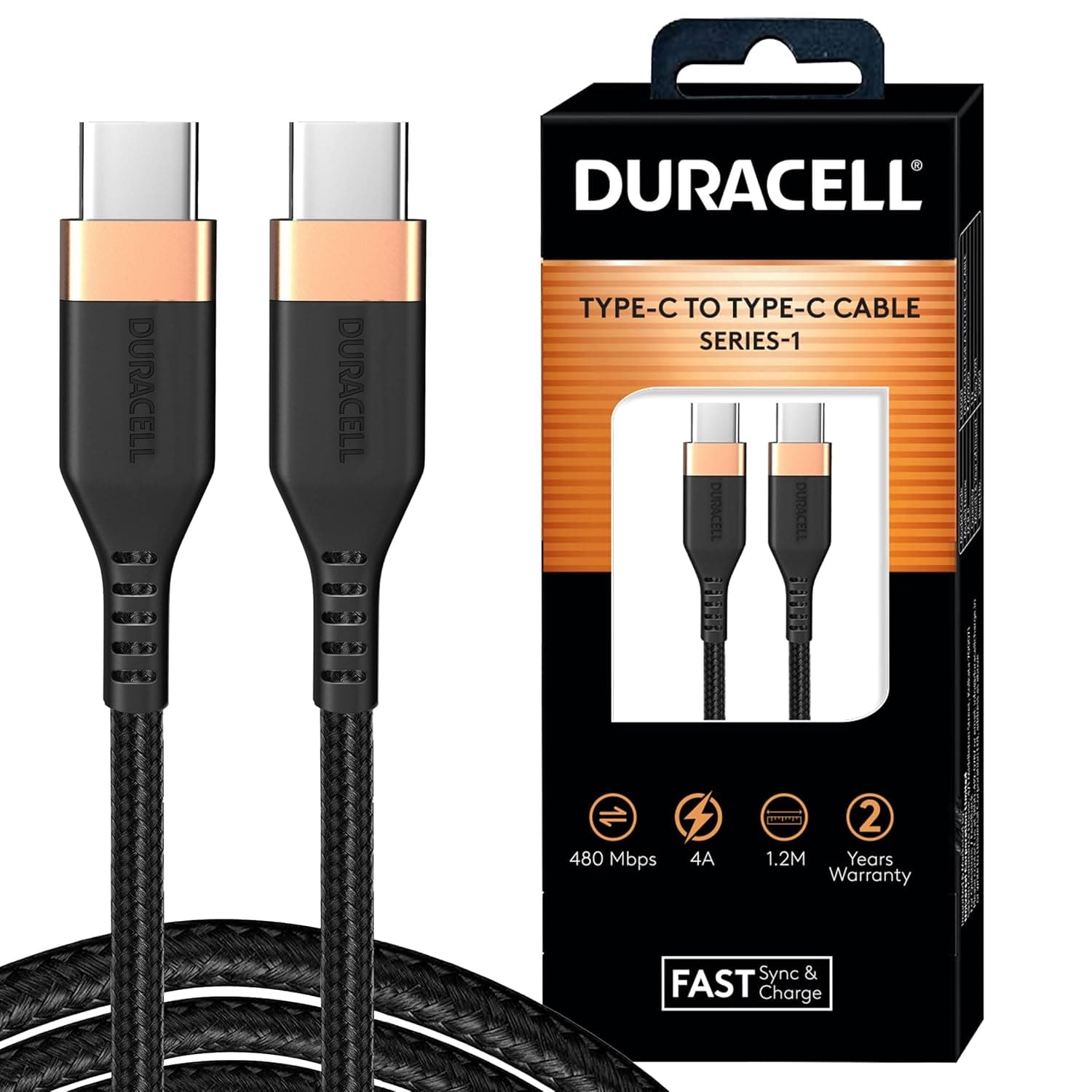Duracell USB Type C To Type C 4A (60W) Braided Sync & Fast Charging Cable, Compatible With Mobile, Laptop, Tablets & MacBook, 3.9 Feet (1.2M), Support - image 1