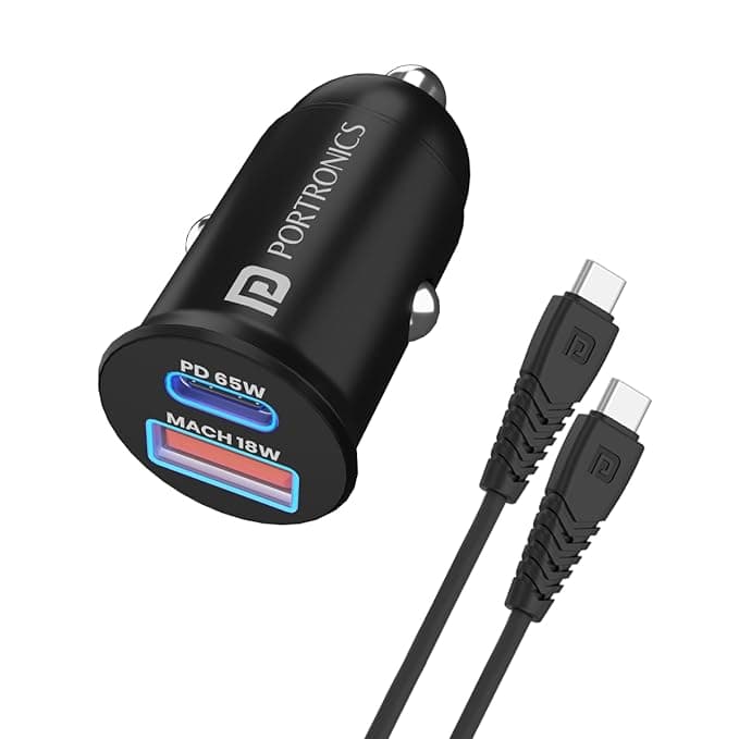 Portronics 65 Watts Car Power 65 Dual Output Fast Car Charger with 100W Type-C Cable (2m), 65W Type-C - image 1