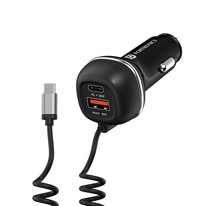 Portronics 71W Car Power 1C Triple Output Fast Car Charger with 33W Type-C Cable, 20W Type-C PD, 18W USB Port, Fast Charging - image 1
