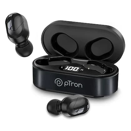 PTron Bassbuds Plus True Wireless Bluetooth 5.0 in Ear Earbuds, Deep Bass, IPX4 Water/Sweat Resistant, Passive Noise Canceling, Digital Display Case & - image 1